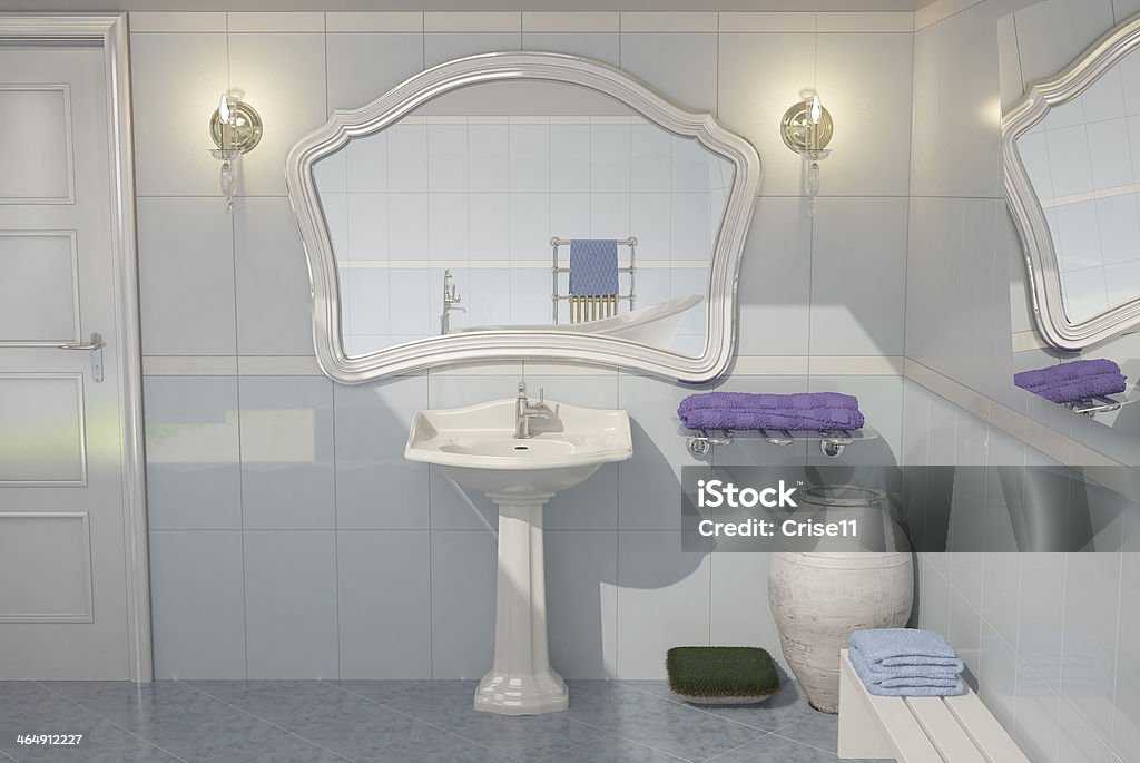 Blue bathroom Image generated with 3D software Vanity Mirror Stock Photo