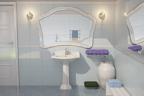 Blue bathroom Image generated with 3D software vanity mirror stock pictures, royalty-free photos & images