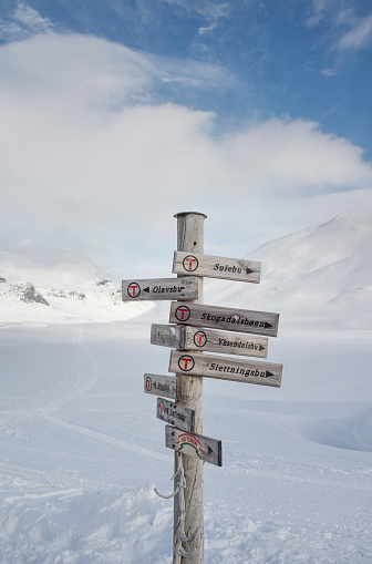 Jotunheimen, Norway - April 14, 2014: Wooden signpost (fingerpost or direction sign) at Fondsbu mountain resort in Jotunheimen National Park that shows the directions for the different destinations that can be reached by cross-country skiing (or by foot in the summer).