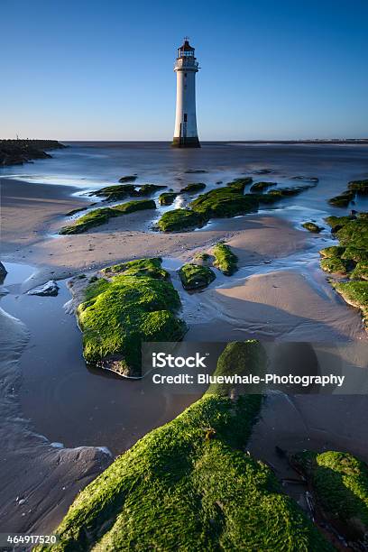 New Brighton Lighthouse With Green Rocks Foreground Stock Photo - Download Image Now