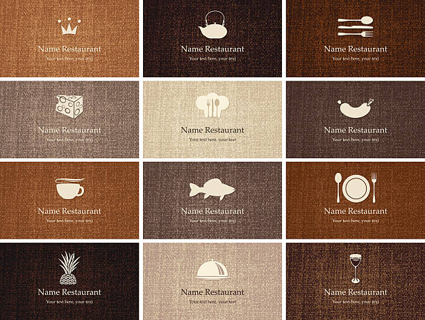 Food and drink with utensils and items set of business cards on food and drink with fabric texture chef backgrounds stock illustrations