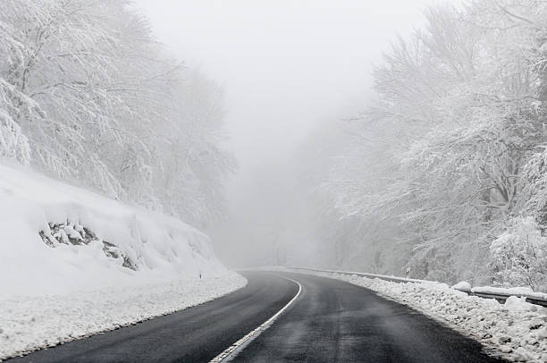 istock Rural road in winter. Trees covered by the snow 464925506