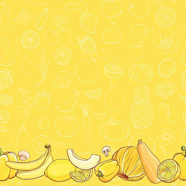 Vector illustration of Set of yellow fruits and vegetables on light yellow background