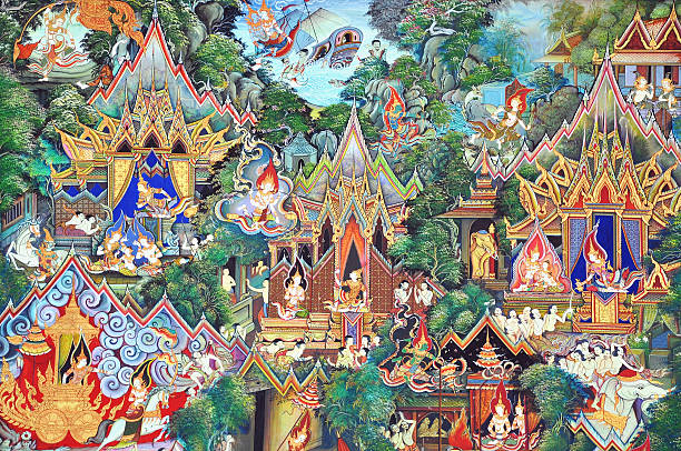 Ancient Buddhist temple mural depicts Thai lifestyle in the past on temple wall.