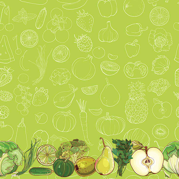 ilustraciones, imágenes clip art, dibujos animados e iconos de stock de conjunto de frutas y verduras verde sobre fondo verde claro - portion apple food pattern