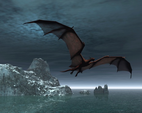 Red dragon flying over the sea and snow covered islands at night, 3d digitally rendered illustration