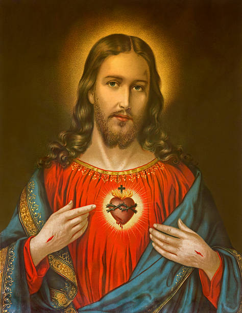 heart of Jesus Christ - typical catholic image GERMANY 1899: Copy of typical catholic image of heart of Jesus Christ from Slovakia printed on 19. april 1899 in Germany. jesus christ photos stock pictures, royalty-free photos & images