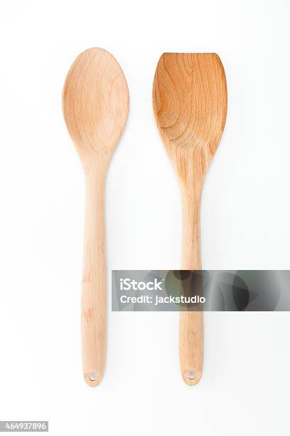 Wooden Ladle And Spatula On White Background Stock Photo - Download Image Now - 2015, Brown, Cooking