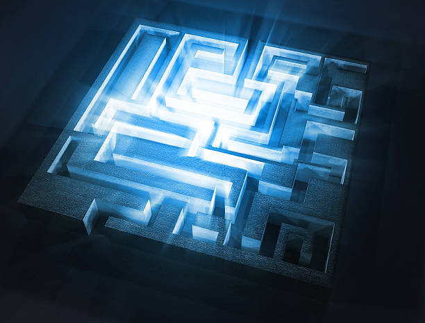 labirinto con luce blu aura interno - maze solution business plan foto e immagini stock