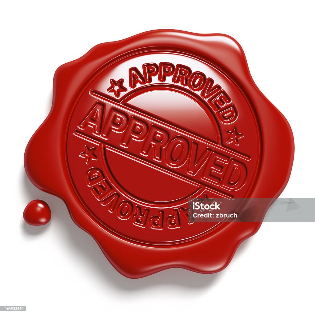Brown wax seal. «Approved». Rubber Stamp Stock Photo