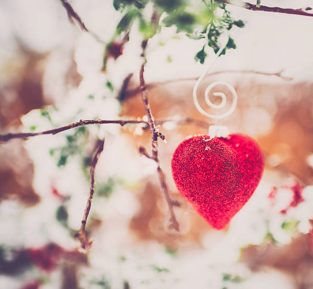 istock Heart decoration hanging on snow covered tree 464939886