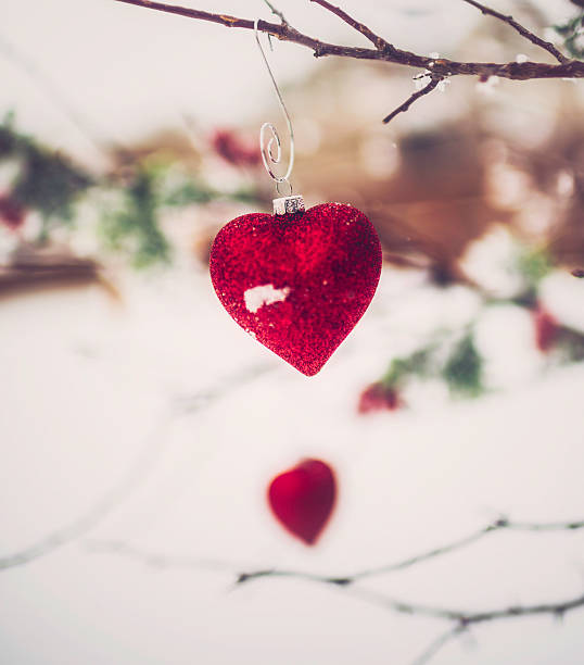 istock Heart decoration hanging on snow covered tree 464939900