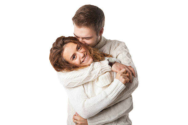 retrato de la feliz pareja aislado en blanco - male vertical photography studio shot fotografías e imágenes de stock