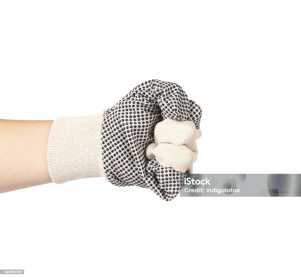 Strong male worker hand glove clenching fist. Strong male worker hand glove clenching fist. Isolated on a white background. Animal Arm Stock Photo