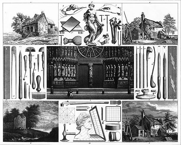 Graphic Arts Engraving Engraved illustrations of Illustrations of the Graphic Arts from Iconographic Encyclopedia of Science, Literature and Art, Published in 1851. Copyright has expired on this artwork. Digitally restored. aquatint stock illustrations