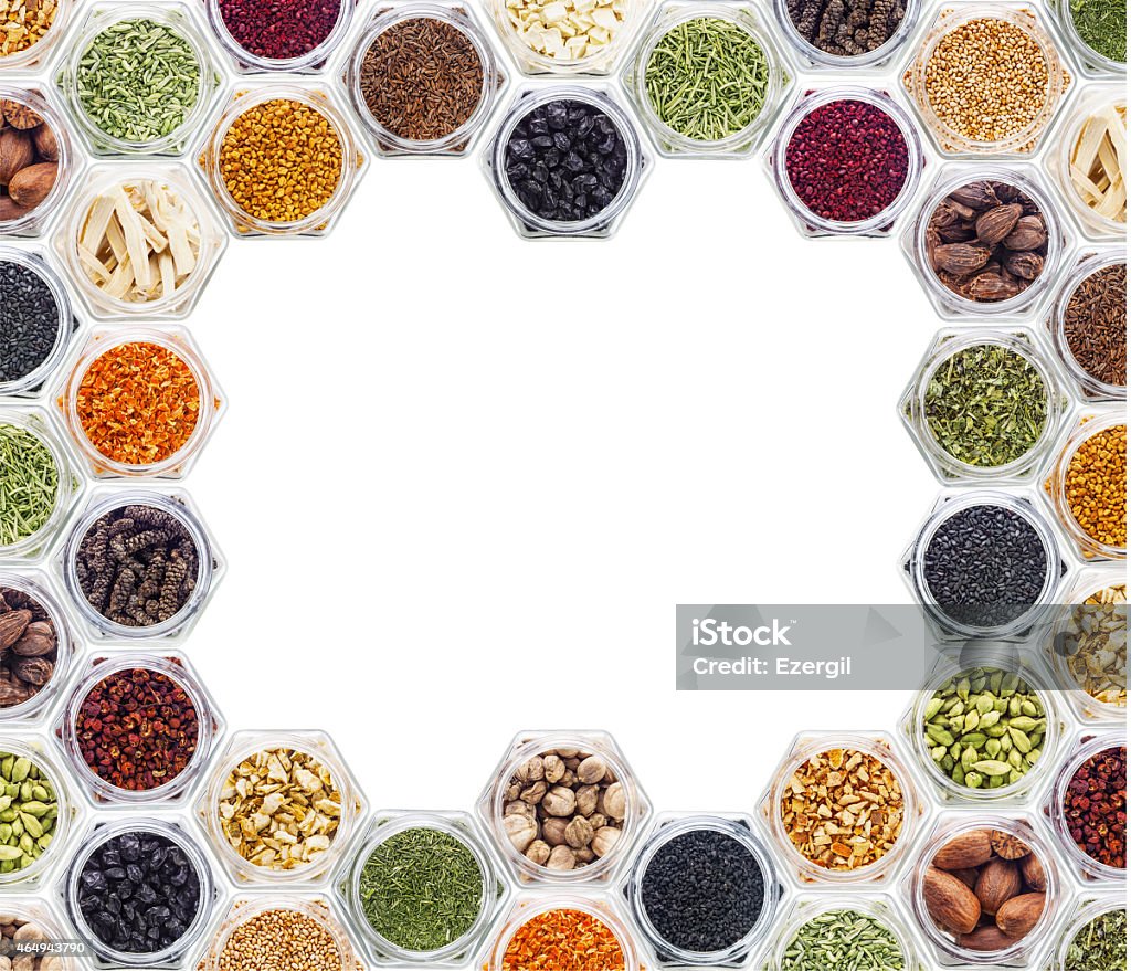 Various spices and herbs on white background. border frame of colorful powder spices with copy space for text isolated on a white background Food Stock Photo