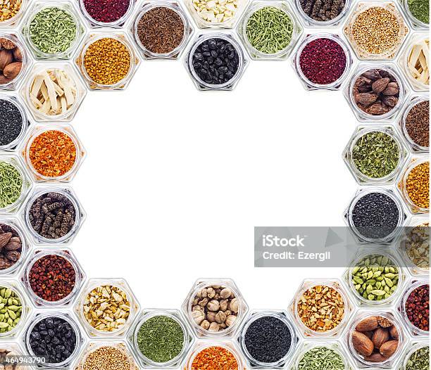 Various Spices And Herbs On White Background Stock Photo - Download Image Now - Food, 2015, Allspice