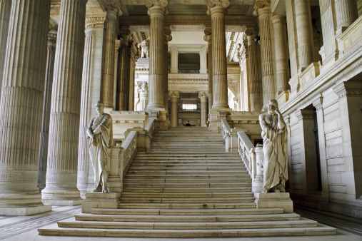 Statues and columns in the entrance hall to Law Courts of Brussels. Architecture date from 1866.