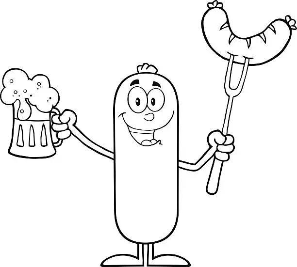 Vector illustration of Black and White Sausage Holding A Beer and Fork