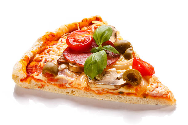 pezzo di pizza su sfondo bianco - pizza cheese portion mozzarella foto e immagini stock