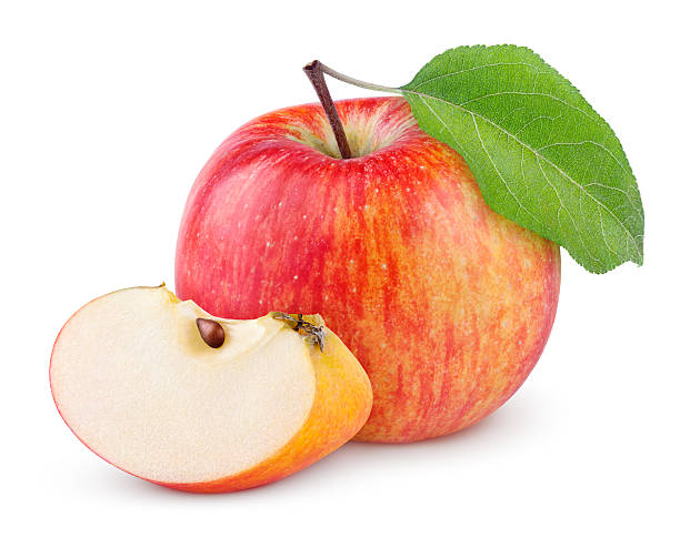 maçã vermelha com folha e amarelo fatia - apple red portion fruit imagens e fotografias de stock