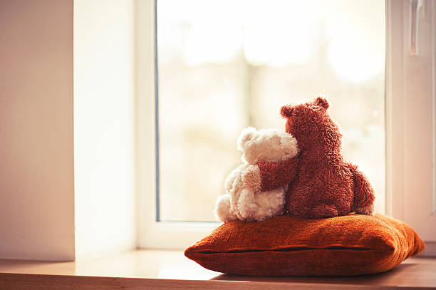 due accogliere orsacchiotto giocattoli seduto sul davanzale della finestra – - orsacchiotto foto e immagini stock