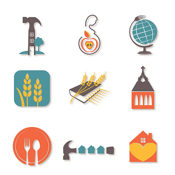 illustrazioni stock, clip art, cartoni animati e icone di tendenza di associazione, fiducia e organizzazione locale icona set - religious icon interface icons globe symbol