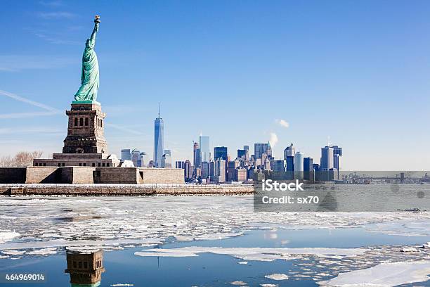 Statue Of Liberty Nyc Skyline Frozen Hudson River Brooklyn Bridge Stock Photo - Download Image Now