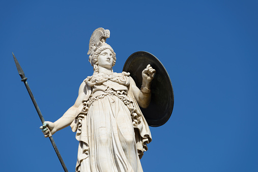 Athena is the goddess of wisdom, civilization, law and justice, courage, inspiration, strength, strategic war, mathematics, strategy, the arts, crafts, and skill in ancient Greek religion and mythology.