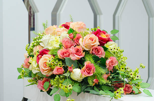 istock Colorful flower bouquet on the white table 464969753
