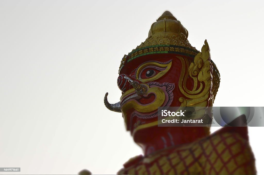 Red giant The beautiful and intricate Yak sculptures of a Buddhist Temple. Art Stock Photo