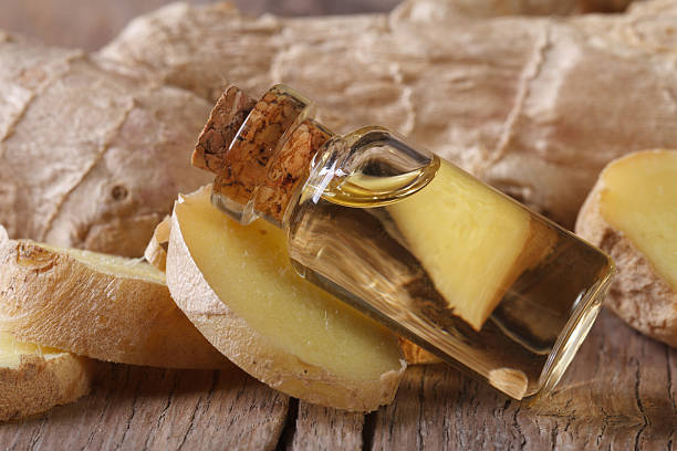 istock Useful ginger oil in a glass bottle macro  horizontal 464972428