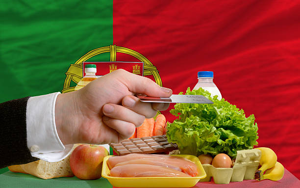 buying groceries with credit card in portugal stock photo