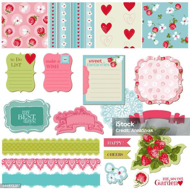 Scrapbook Design Elements Vintage Flowers And Strawberry Set Stock Illustration - Download Image Now