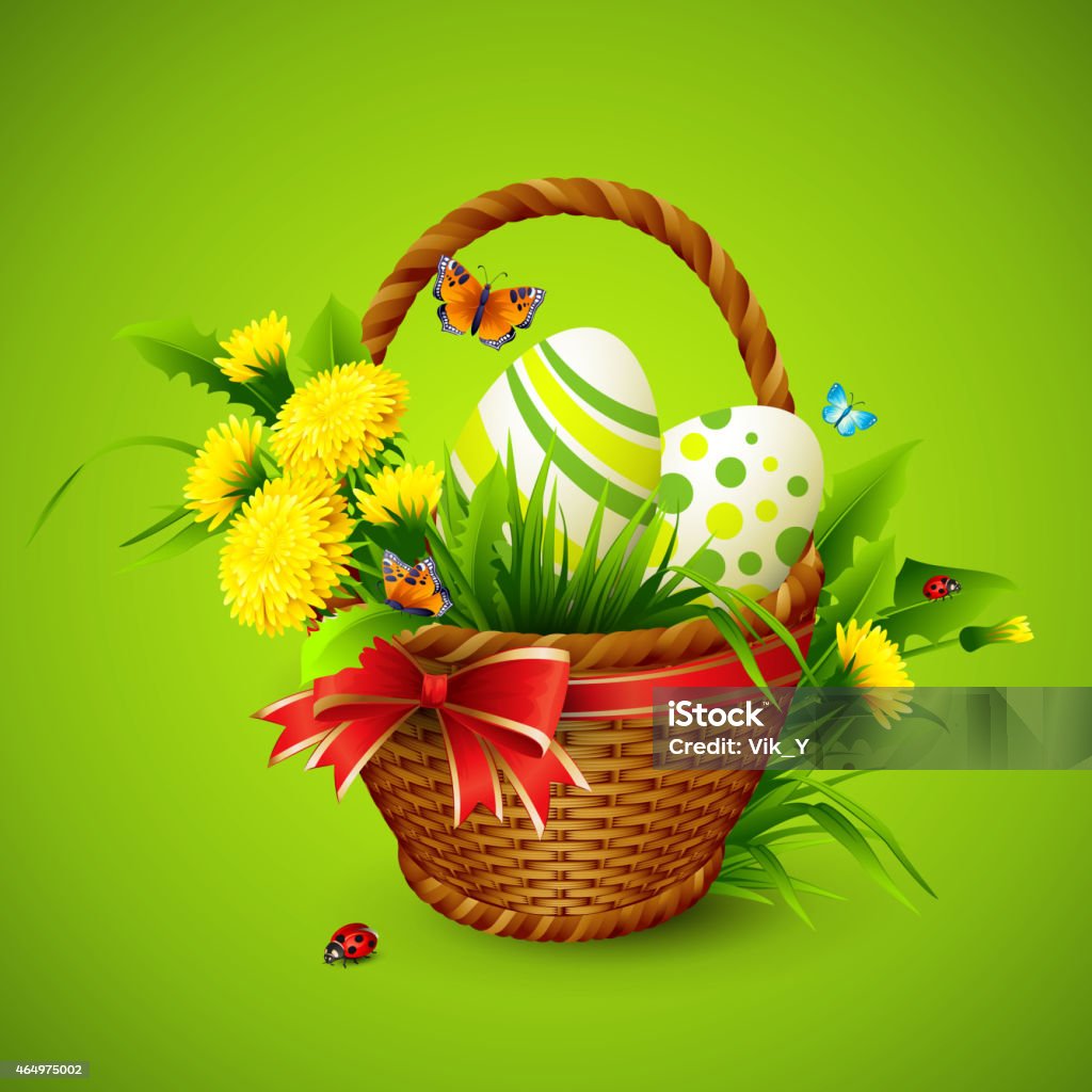 Easter card with basket, eggs and flowers. Vector illustration Easter card with basket, eggs and flowers. Vector illustration EPS10 2015 stock vector