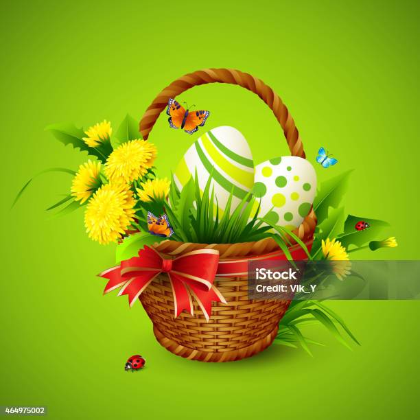 Easter Card With Basket Eggs And Flowers Vector Illustration Stock Illustration - Download Image Now