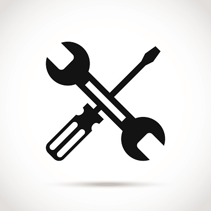 Crossed black and white wrench and screwdriver logo design elements.Creative customize,development, repair concept.Great quality vector illustration.Isolated on trendy radial gradient white background
