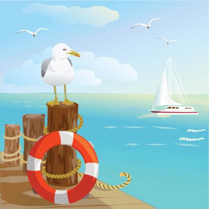sea, gull, pier, and lifebuoy. vector illustration