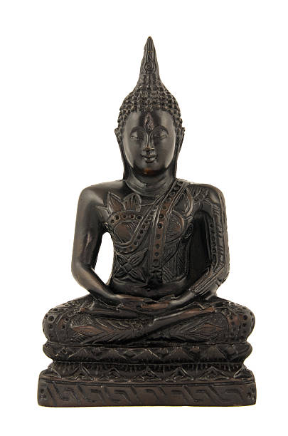 istock Beautiful wooden buddha statue on isolated white background 464987193