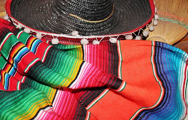 Mexico fiesta poncho serape rug blanket sombrero background stock photo