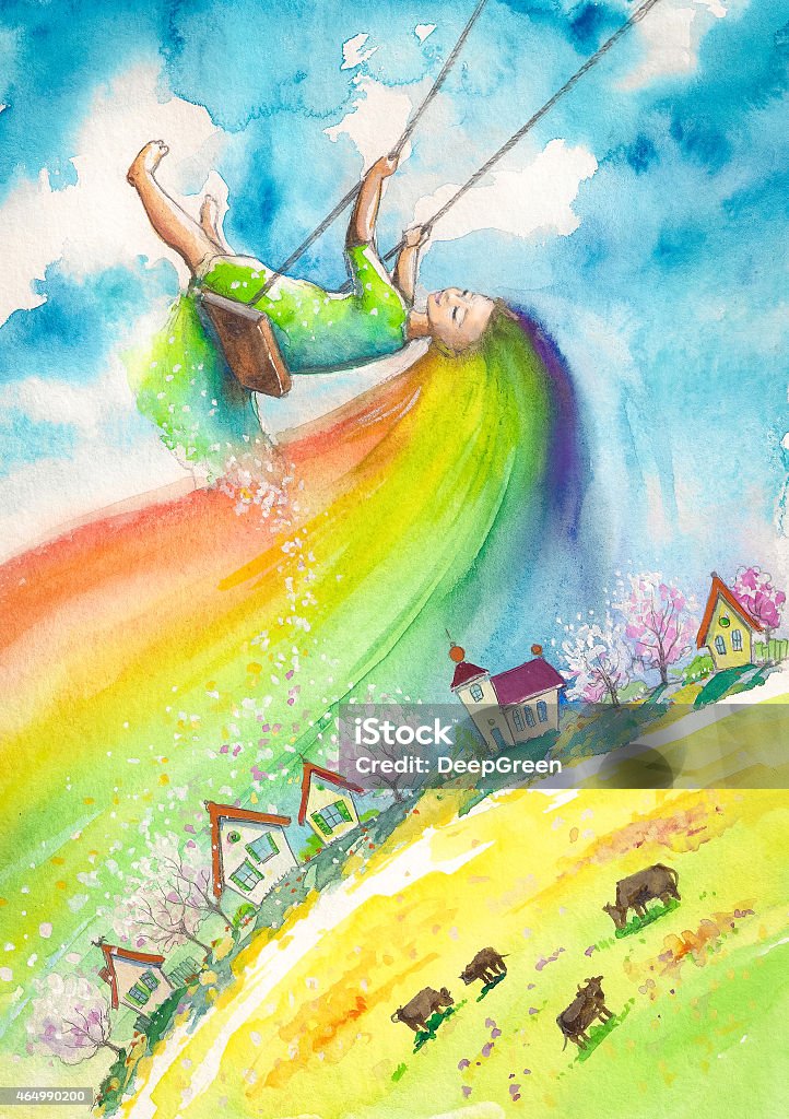 Springtime painting with girl on swing and rainbow hair Spring with rainbow hair swinging above village.Picture I have created myself with watercolors. Child stock illustration