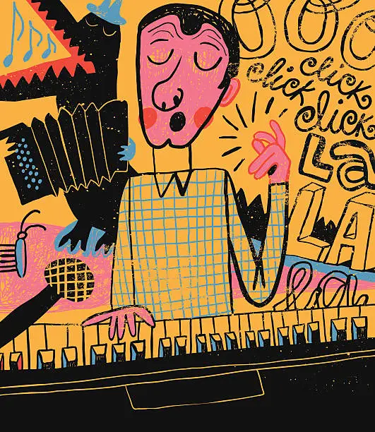 Vector illustration of Man singing, snapping and planing piano in the band