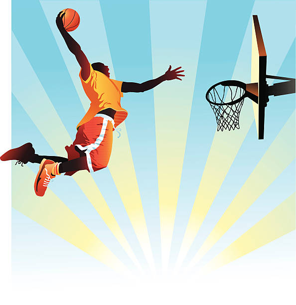 ilustrações, clipart, desenhos animados e ícones de jogador de basquete enterradas espetaculares em fundo azul - basketball hoop illustrations