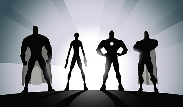Vector Black and White Superhero Team Silhouette A silhouette style vector illustration of a superhero team.  giant fictional character illustrations stock illustrations