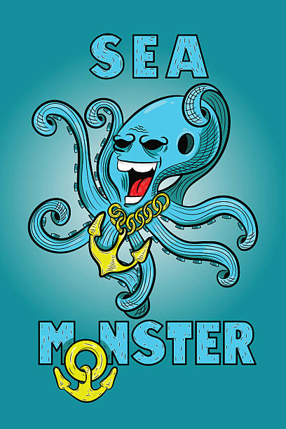 Cartoon octopus with an anchor hanging from the neck. Cartoon sea monster octopus, with a terrible expression. octopus giant octopus sea horror stock illustrations