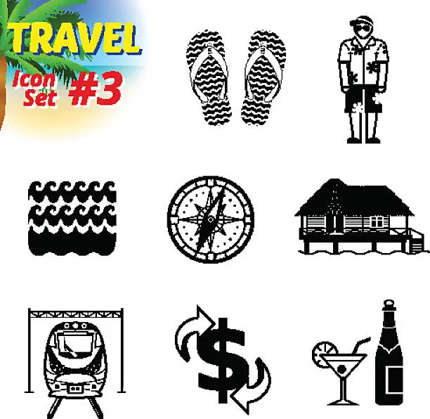 Vector illustration of Set of black-and-white travel icons