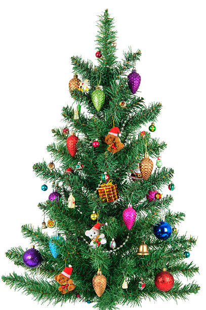 istock Decorated Christmas fir-tree isolated on white background 464999857