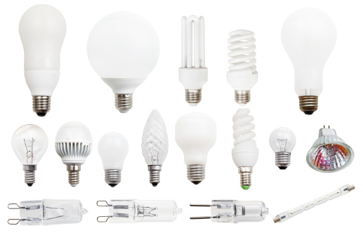 set of incandescent, compact fluorescent, halogen, LED light bulbs isolated on white background