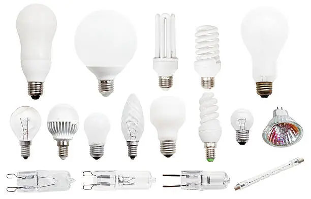 set of incandescent, compact fluorescent, halogen, LED light bulbs isolated on white background