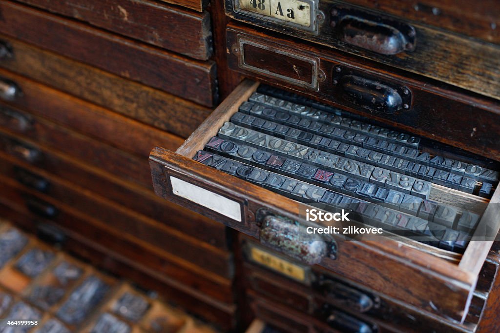 Metal printing press letters Old vintage metal printing press letters in a drawer Printing Press Stock Photo